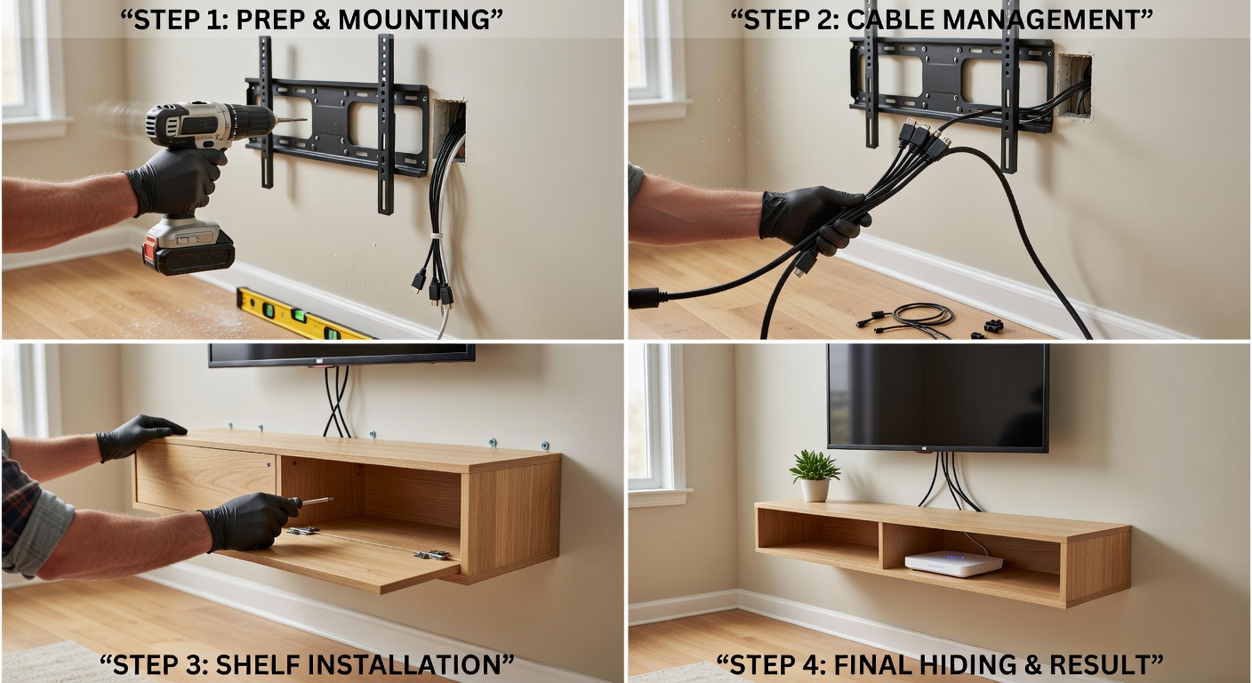 DIY cable hiding behind TV wall mount with floating shelf